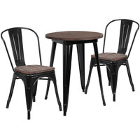 Flash Furniture CH-WD-TBCH-21-GG 24 inch Round Black Rustic Galvanized Steel and Wood Table with 2 Stacking Chairs