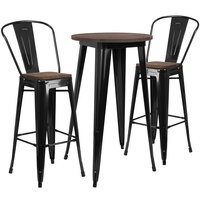 Flash Furniture CH-WD-TBCH-22-GG 24 inch Round Black Rustic Galvanized Steel and Wood Bar Height Table with 2 Barstools