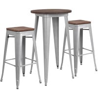Flash Furniture CH-WD-TBCH-9-GG 24 inch Round Rustic Galvanized Steel and Wood Bar Height Table with 2 Backless Stools