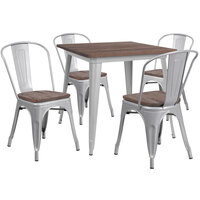 Flash Furniture CH-WD-TBCH-4-GG 31 1/2" Square Rustic Galvanized Steel and Wood Table with 4 Stacking Chairs