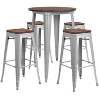 Flash Furniture CH-WD-TBCH-12-GG 30 inch Round Rustic Galvanized Steel and Wood Bar Height Table with 4 Backless Stools