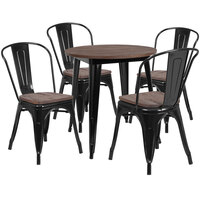 Flash Furniture CH-WD-TBCH-24-GG 26 inch Round Black Rustic Galvanized Steel and Wood Table with 4 Stacking Chairs
