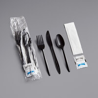 Choice Medium Weight Black Wrapped Plastic Cutlery Set with Napkin and Salt and Pepper Packets - 250/Case