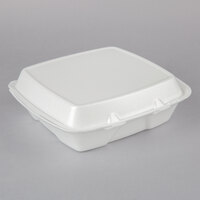 Dart 90HTPF1R 9" x 9" x 3" White Foam Square Take Out Container with Hinged Lid   - 100/Pack
