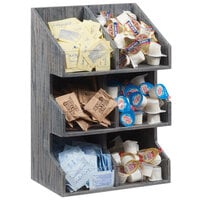 Cal-Mil 2054-83 Ashwood Gray Oak Wood Three Tier Double Wide Condiment Display with Clear Bin Fronts - 10 1/2" x 6 1/2" x 15 1/2"
