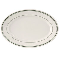 Tuxton TGB-012 Green Bay 10 1/2" x 7 3/8" Eggshell Wide Rim Rolled Edge Oval China Platter with Green Bands - 24/Case