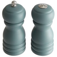 Acopa 4" Matte Steel Blue Wooden Salt Shaker and Pepper Mill Set