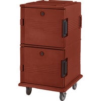 Cambro UPC1600SP402 Ultra Camcarts® Brick Red Insulated Food Pan Carrier with Heavy-Duty Casters and Security Package - Holds 24 Pans