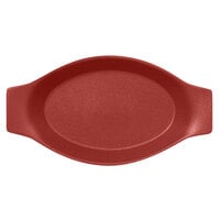RAK Porcelain NFOPOD25DR Neo Fusion 9 7/8 inch x 5 1/2 inch Magma Dark Red Porcelain Oval Dish with Handles - 24/Case