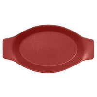 RAK Porcelain NFOPOD30DR Neo Fusion 11 13/16 inch x 6 5/16 inch Magma Dark Red Porcelain Oval Dish with Handles - 6/Case
