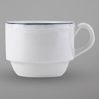 Tuxton SBF-0303 TuxTrendz Charleston Bright White 3 oz. Scalloped Edge China Espresso Cup with Blue Band - 36/Case