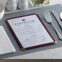 6 3/8 inch x 9 3/8 inch Single Pocket Menu Cover with Burgundy Edging