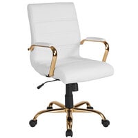 Flash Furniture GO-2286M-WH-GLD-GG Mid-Back White Leather Swivel Office Chair with Gold Base and Arms
