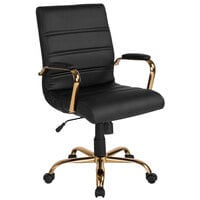Flash Furniture GO-2286M-BK-GLD-GG Mid-Back Black Leather Swivel Office Chair with Gold Base and Arms