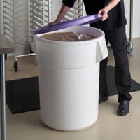 Allergen-Safe 55 Gallon / 880 Cup White Round Ingredient Storage Bin with Purple Snap-On Lid