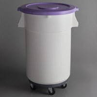Allergen-Safe 44 Gallon / 700 Cup White Round Mobile Ingredient Storage Bin with Purple Snap-On Lid and Gray Dolly