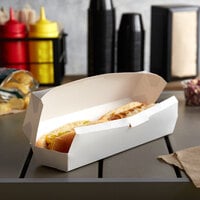 10 1/2 inch x 2 1/2 inch x 2 1/4 inch White Hinged Paper Hot Dog Clamshell Container - 500/Case