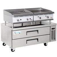 Cooking Performance Group 24GTCLBNL 24 inch Gas Griddle and Gas Lava Briquette Charbroiler with 52 inch, 2 Drawer Refrigerated Chef Base - 140,000 BTU