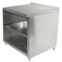 Advance Tabco EF-SS-243M 24 inch x 36 inch 14 Gauge Open Front Cabinet Base Work Table with Fixed Mid Shelf and 1 1/2 inch Backsplash