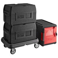 Metro Mightylite Insulated EPP Pan Carrier Kit with (2) BigBoy Black Top-Loading 5 Pan Carriers, Front-Loading 4 Pan Carrier, and Dolly