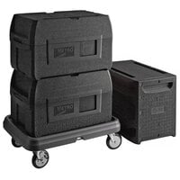 Metro Mightylite Insulated EPP Pan Carrier Kit with (2) BigBoy Black Top-Loading 5 Pan Carriers, Front-Loading 4 Pan Carrier, and Dolly