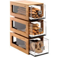 Rosseto BD104 3-Tier Natural Bamboo Bakery Pastry Display with Acrylic Drawers - 10 inch x 17 1/2 inch x 24 inch