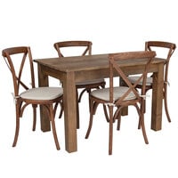 Flash Furniture XA-FARM-17-GG Hercules 30 inch x 46 inch x 30 inch Antique Rustic Solid Pine Folding Farm Table with 4 Cross Back Chairs and Cushions