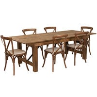 Flash Furniture XA-FARM-11-GG Hercules 40 "x 96" x 30" Antique Rustic Solid Pine Folding Farm Table with 6 Cross Back Chairs and Cushions
