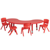 Flash Furniture YU-YCX-0043-2-MOON-TBL-RED-E-GG 65 inch x 35 inch Red Plastic Half-Moon Adjustable Height Activity Table with 4 Chairs