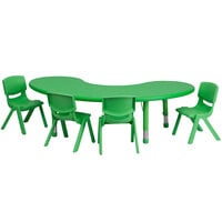 Flash Furniture YU-YCX-0043-2-MOON-TBL-GREEN-E-GG 65 inch x 35 inch Green Plastic Half-Moon Adjustable Height Activity Table with 4 Chairs