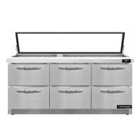 Continental Refrigerator SW72N30M-HGL-FB-D 72 inch 6 Drawer Mighty Top Front Breathing Hinged Glass Lid Refrigerated Sandwich Prep Table