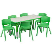 Flash Furniture YU-YCY-060-0036-RECT-TBL-GREEN-GG 23 5/8 inch x 47 1/4 inch Green Plastic Rectangular Adjustable Height Activity Table with Six Chairs