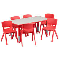 Flash Furniture YU-YCY-060-0036-RECT-TBL-RED-GG 23 5/8 inch x 47 1/4 inch Red Plastic Rectangular Adjustable Height Activity Table with Six Chairs