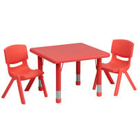 Flash Furniture YU-YCX-0023-2-SQR-TBL-RED-R-GG 24 inch Red Plastic Square Adjustable Height Activity Table with Two Chairs