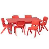 Flash Furniture YU-YCX-0013-2-RECT-TBL-RED-E-GG 24 inch x 48 inch Red Plastic Rectangular Adjustable Height Activity Table with Six Chairs
