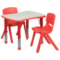 Flash Furniture YU-YCY-098-0032-RECT-TBL-RED-GG 21 7/8 inch x 26 5/8 inch Red Plastic Rectangular Adjustable Height Activity Table with Two Chairs