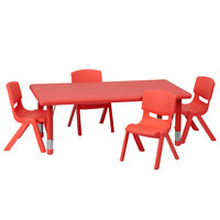 Flash Furniture YU-YCX-0013-2-RECT-TBL-RED-R-GG 24 inch x 48 inch Red Plastic Rectangular Adjustable Height Activity Table with Four Chairs
