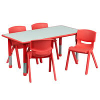 Flash Furniture YU-YCY-060-0034-RECT-TBL-RED-GG 23 5/8 inch x 47 1/4 inch Red Plastic Rectangular Adjustable Height Activity Table with Four Chairs
