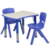 Flash Furniture YU-YCY-098-0032-RECT-TBL-BLUE-GG 21 7/8 inch x 26 5/8 inch Blue Plastic Rectangular Adjustable Height Activity Table with Two Chairs