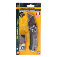 Olympia Tools 33-125 Turbofold X Utility Knife with 5 SK5 Blades, Adjustable Locking Mechanism, Stainless Steel Body, and Lanyard Hole