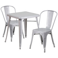 Flash Furniture CH-31330-2-30-SIL-GG 23 3/4" Square Silver Metal Indoor / Outdoor Table with 2 Stack Chairs