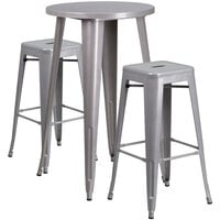 Flash Furniture CH-51080BH-2-30SQST-SIL-GG 24" Round Silver Metal Indoor / Outdoor Bar Height Table with 2 Square Seat Backless Stools