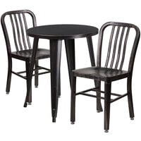 Flash Furniture CH-51080TH-2-18VRT-BQ-GG 24" Round Black-Antique Gold Metal Indoor / Outdoor Table with 2 Vertical Slat Back Chairs