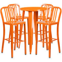 Flash Furniture CH-51080BH-4-30VRT-OR-GG 24" Round Orange Metal Indoor / Outdoor Bar Height Table with 4 Vertical Slat Back Stools