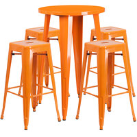 Flash Furniture CH-51080BH-4-30SQST-OR-GG 24" Round Orange Metal Indoor / Outdoor Bar Height Table with 4 Square Seat Backless Stools