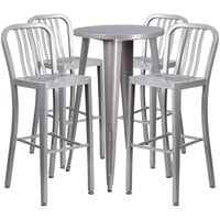 Flash Furniture CH-51080BH-4-30VRT-SIL-GG 24 inch Round Silver Metal Indoor / Outdoor Bar Height Table with 4 Vertical Slat Back Stools