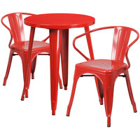 Flash Furniture CH-51080TH-2-18ARM-RED-GG 24" Round Red Metal Indoor / Outdoor Table with 2 Arm Chairs