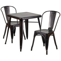 Flash Furniture CH-31330-2-30-BQ-GG 23 3/4" Square Black-Antique Gold Metal Indoor / Outdoor Table with 2 Stack Chairs