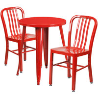 Flash Furniture CH-51080TH-2-18VRT-RED-GG 24" Round Red Metal Indoor / Outdoor Table with 2 Vertical Slat Back Chairs