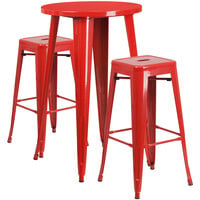 Flash Furniture CH-51080BH-2-30SQST-RED-GG 24" Round Red Metal Indoor / Outdoor Bar Height Table with 2 Square Seat Backless Stools